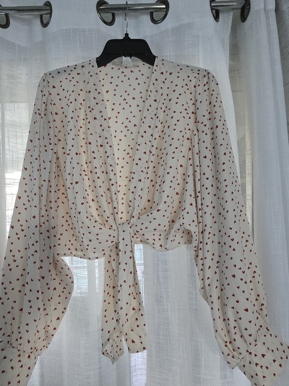 Women's Cream Tie-Front Blouse with Red Heart Print